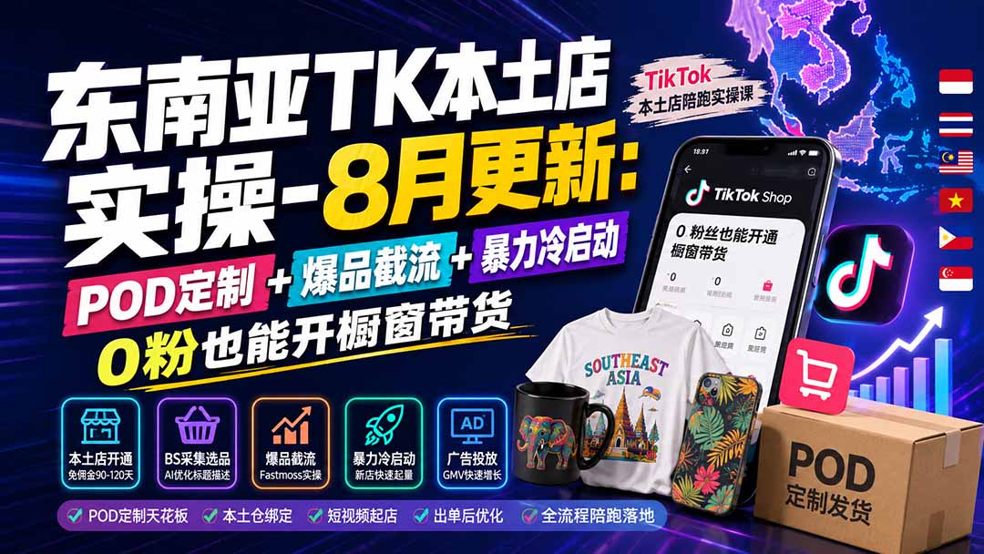 东南亚TK本土店实操-8月更新：POD定制+爆品截流+暴力冷启动，0粉也能开橱窗带货-资源社