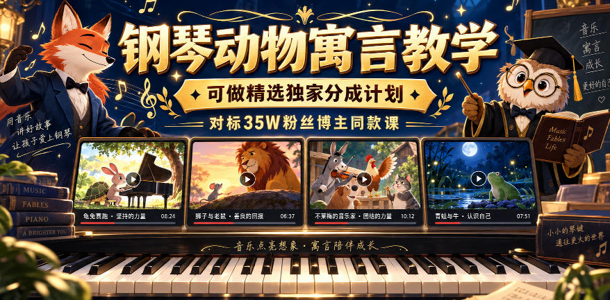 钢琴动物寓言教学,可做精选独家分成计划,对标35W粉丝博主同款课-资源社