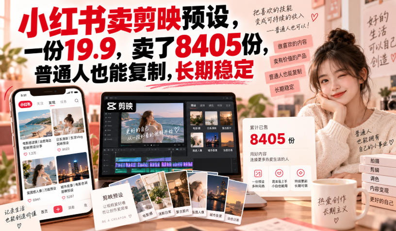 小红书卖剪映预设，一份19.9，卖了8405份，普通人也能复制，长期稳定-资源社