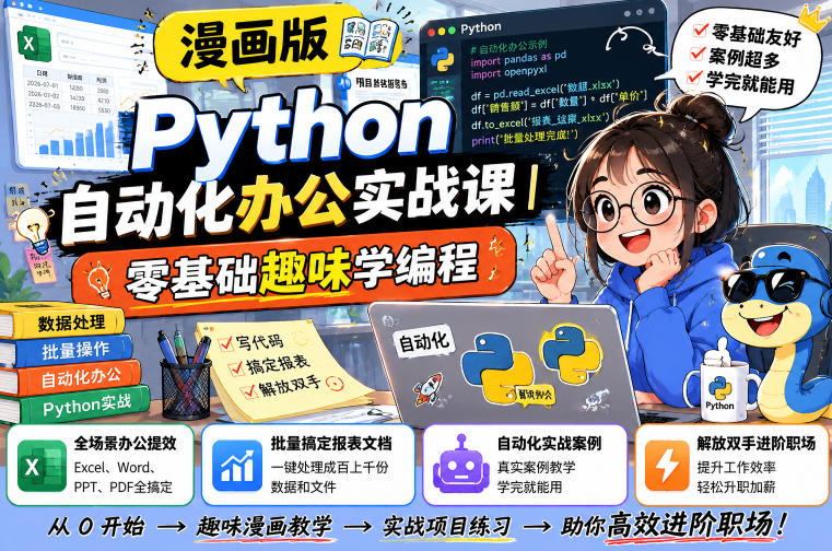 漫画版Python自动化办公实战课｜零基础趣味学编程，全场景办公提效、批量搞定报表文档、解放双手进阶职场-资源社