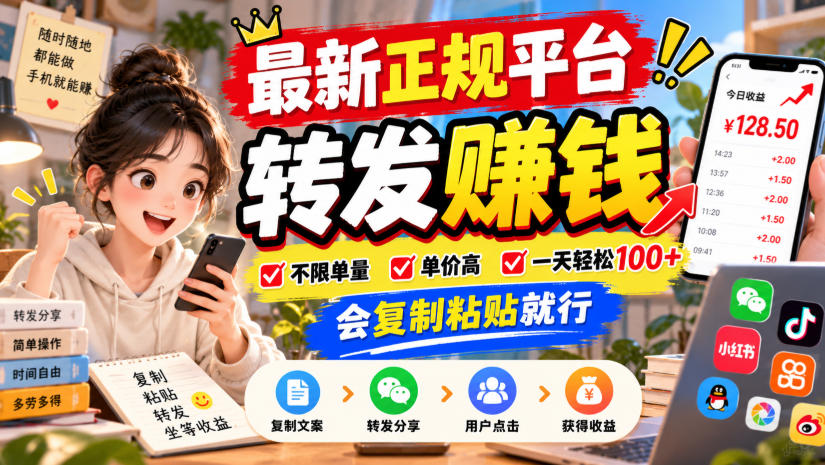 最新正规平台,转发賺钱,不限单量,单价高,一天轻松100+,会复制粘贴就行【揭秘】-资源社