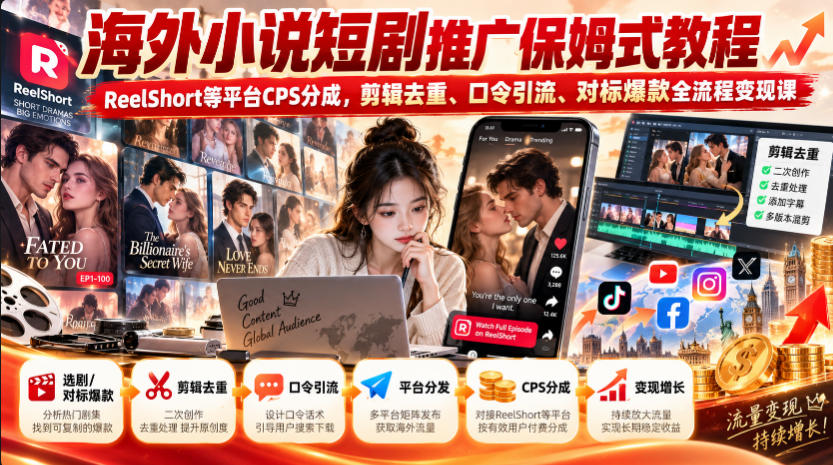 海外小说短剧推广保姆式教程｜ReelShort等平台CPS分成，剪辑去重、口令引流、对标爆款全流程变现课-资源社