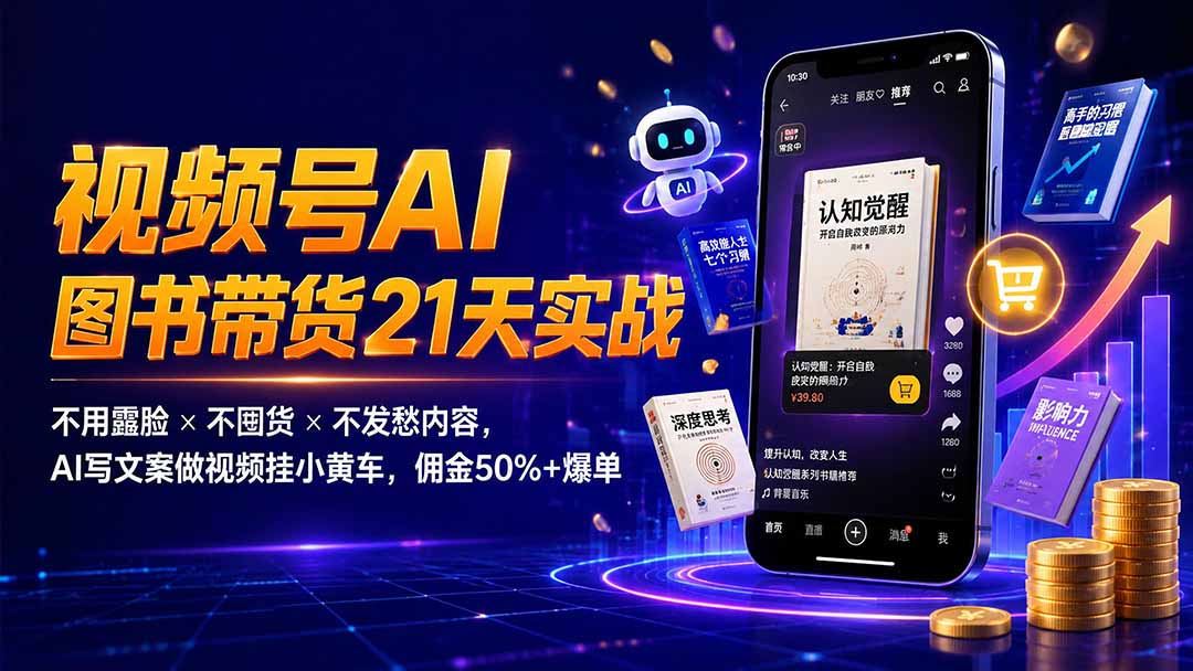 繁花视频号AI图书带货21天实战：不用露脸×不囤货×不发愁内容，AI写文案做视频挂小黄车，佣金50%+爆单-资源社
