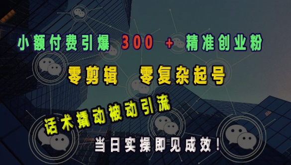 小额付费引爆 300 + 精准创业粉，零剪辑、零复杂起号，话术撬动被动引流，当日实操即见成效-资源社