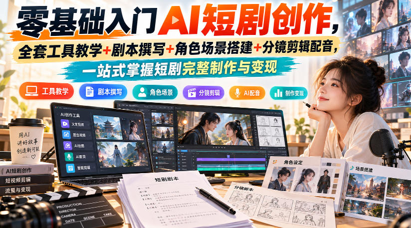 零基础入门AI短剧创作，全套工具教学+剧本撰写+角色场景搭建+分镜剪辑配音，一站式掌握短剧完整制作与变现-资源社