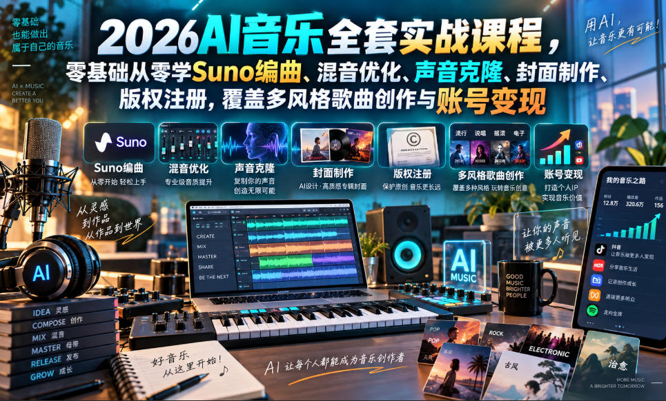 2026AI音乐实战课程，零基础从零学Suno编曲、混音优化、声音克隆、版权注册，覆盖多风格歌曲创作与账号变现-资源社