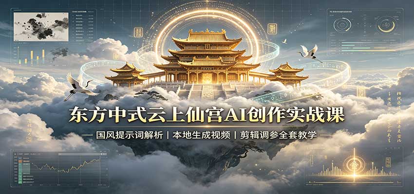 东方中式云上仙宫AI创作实战课：国风提示词解析，本地生成视频，剪辑调参全套教学-资源社