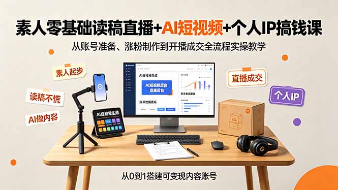 素人零基础读稿直播+AI短视频+个人IP搞钱课，从账号准备、涨粉制作到开播成交全流程实操教学-资源社