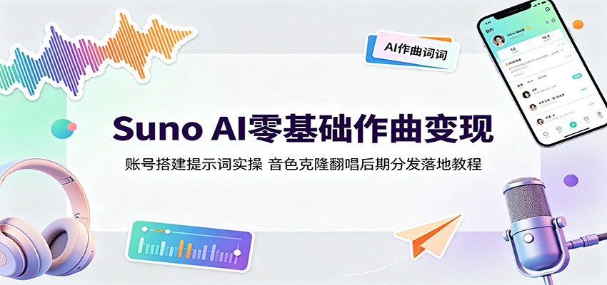 Suno AI零基础作曲变现：账号搭建提示词实操，音色克隆翻唱后期分发落地教程-资源社