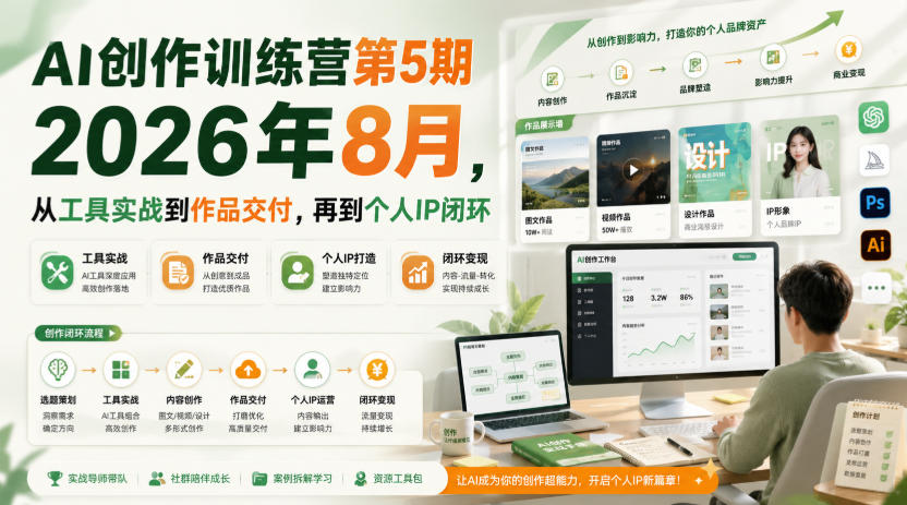AI创作训练营第5期2026年8月,从工具实战到作品交付,再到个人IP闭环-资源社
