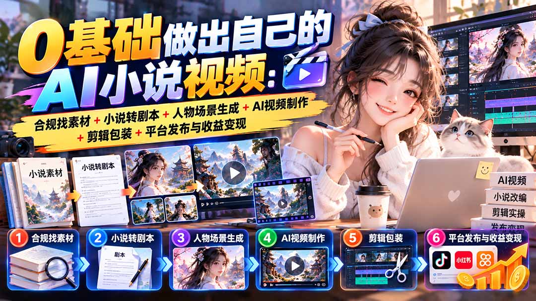0基础做出自己的AI小说视频：合规找素材+小说转剧本+人物场景生成+AI视频制作+剪辑包装+平台发布与收益变现-资源社