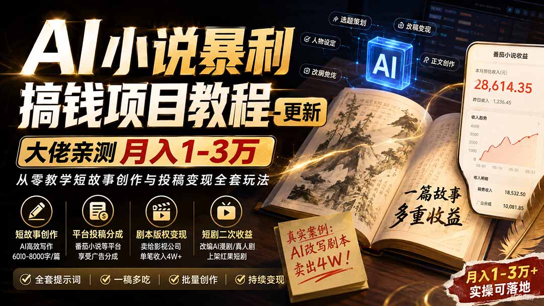 AI小说短故事暴利搞钱项目教程-更新,大佬亲测月入1-3万,从零教学短故事创作与投稿变现全套玩法-资源社