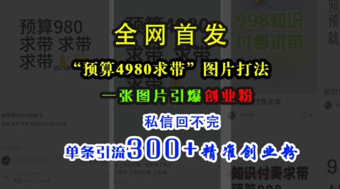 小红书“预算4980带我飞”图片打法，一张图片引爆创业粉，私信回不完，单条引流300+精准创业粉-资源社