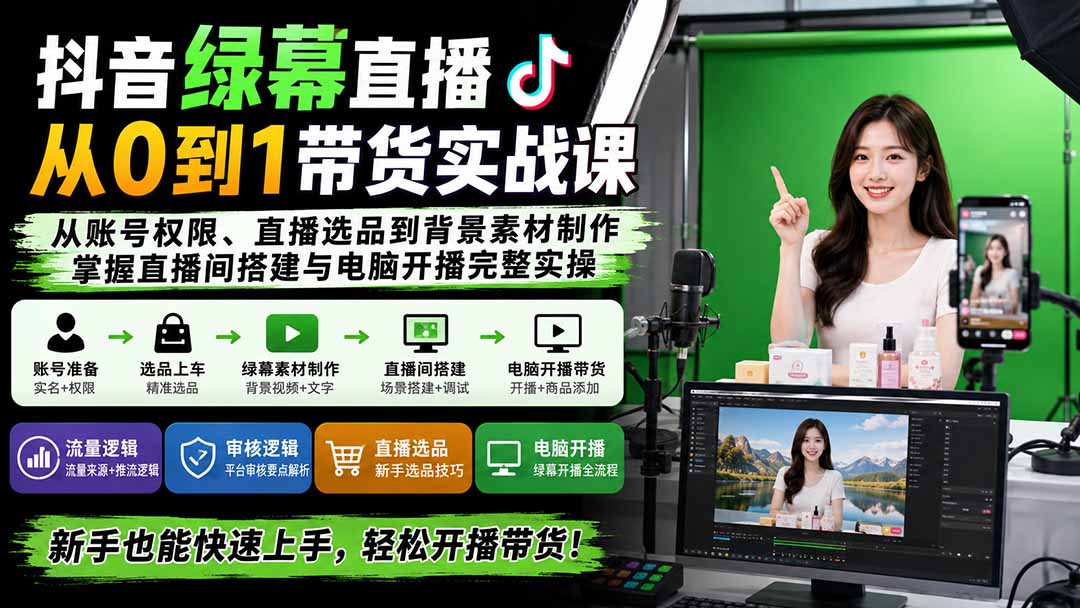 抖音绿幕直播从0到1带货实战课：从账号权限、直播选品到背景素材制作，掌握直播间搭建与电脑开播完整实操-资源社