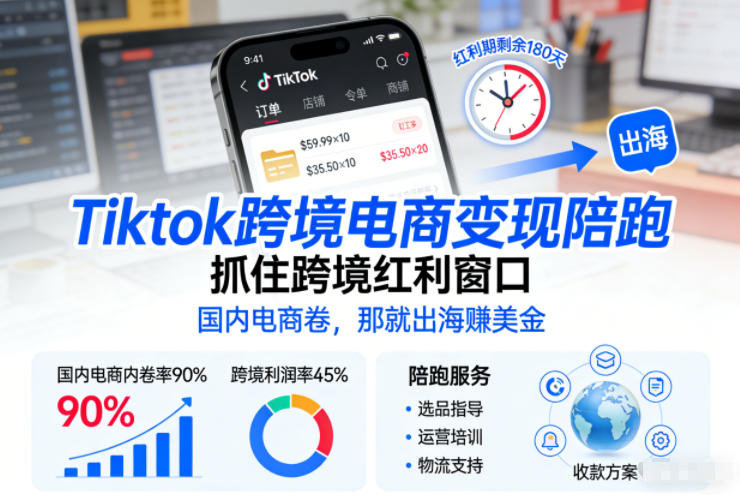 Tiktok跨境电商变现陪跑，抓住跨境红利窗口，国内电商卷，那就出海賺美金-资源社