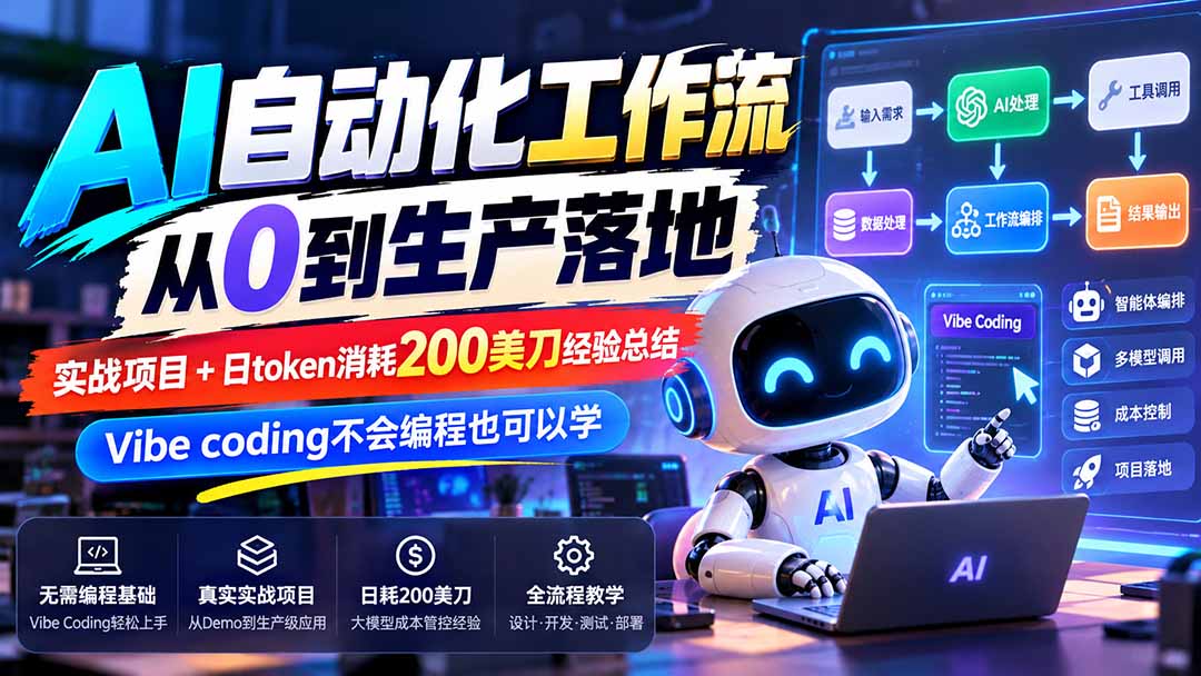 【无水印】AI自动化工作流从0到生产落地,实战项目+日token消耗200美刀经验总结,Vibe coding不会编程也可以学-资源社