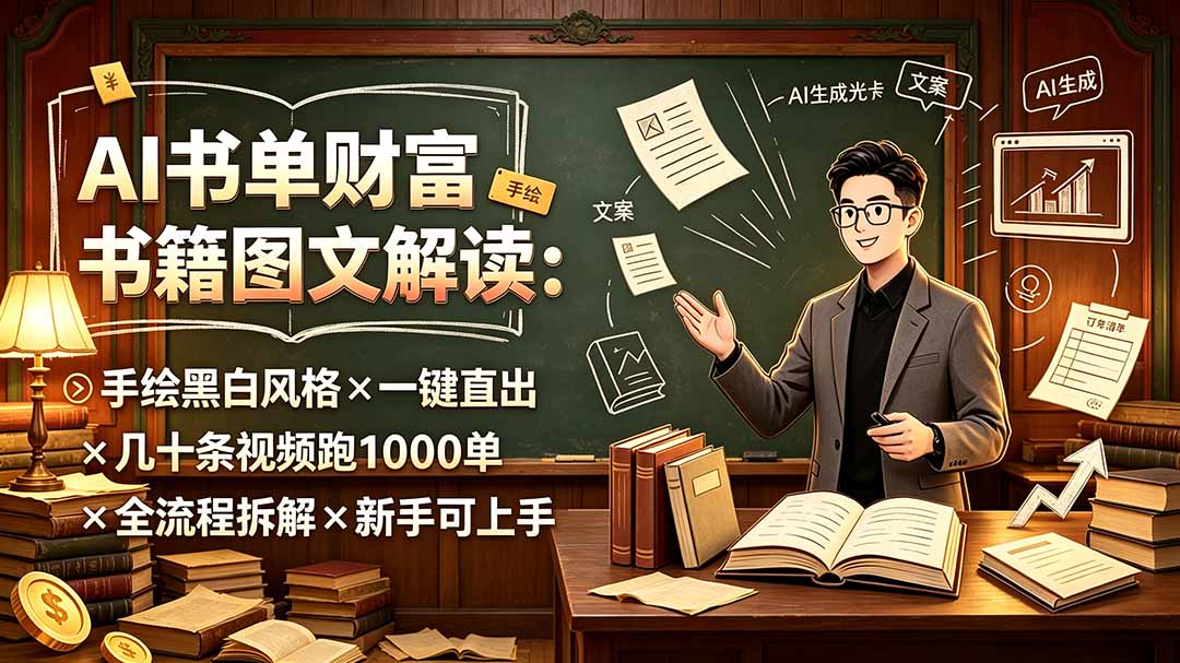 AI书单财富书籍图文解读:手绘黑白风格×一键直出×几十条视频跑1000单×全流程拆解×新手可上手-资源社
