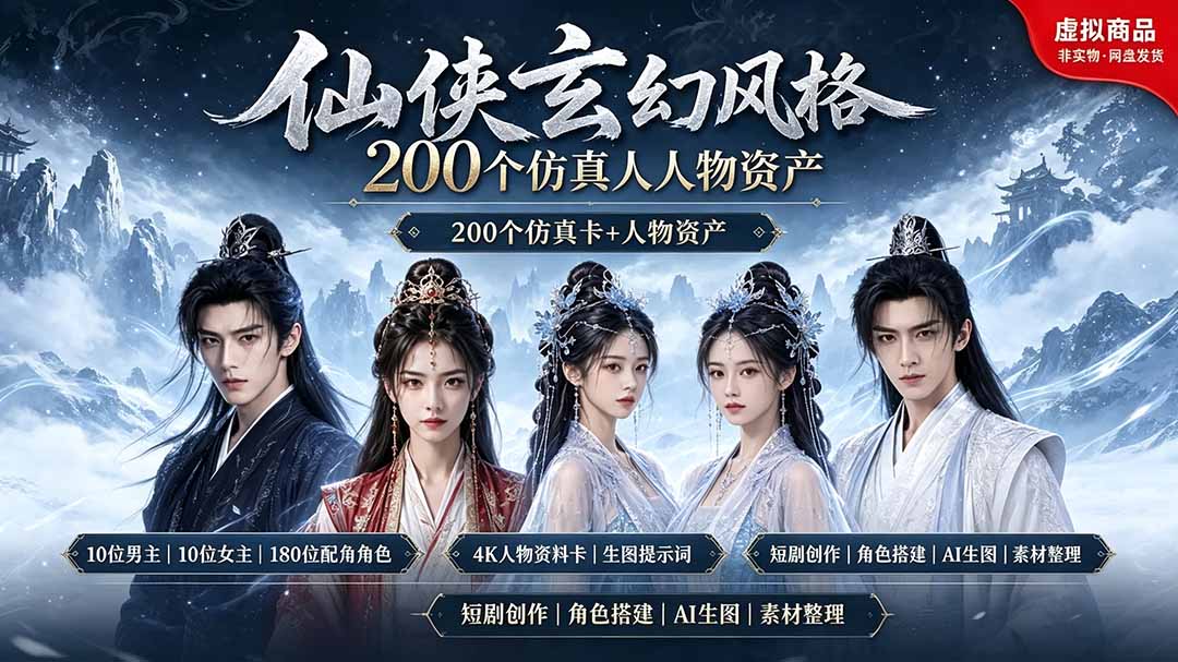 200个仙侠玄幻仿真人素材◆10男主×10女主×180配角，4K资料卡+AI生图提示词，漫剧必备-资源社