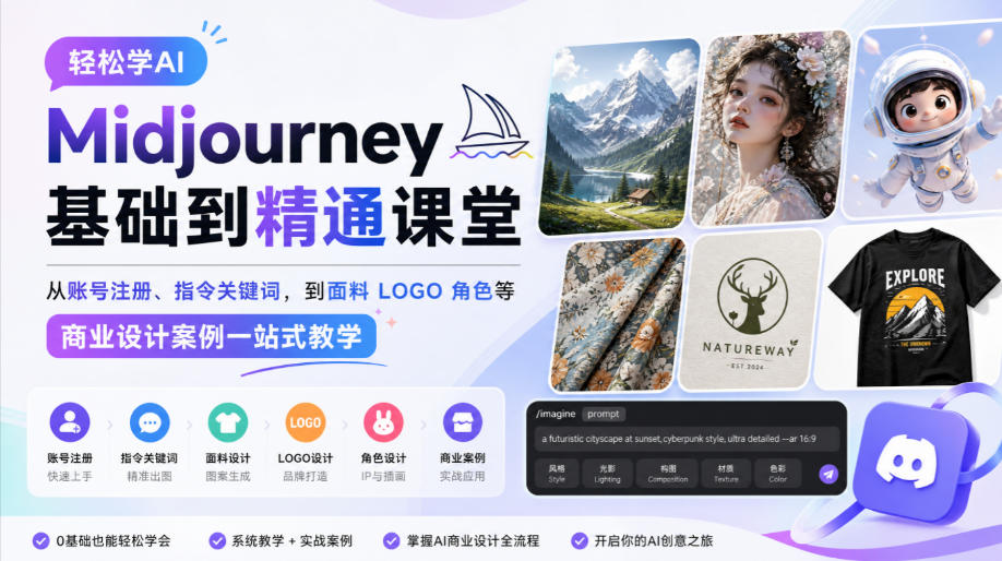 轻松学AI Midjourney基础到精通课堂,从账号注册、指令关键词,到面料LOGO角色等商业设计案例一站式教学-资源社