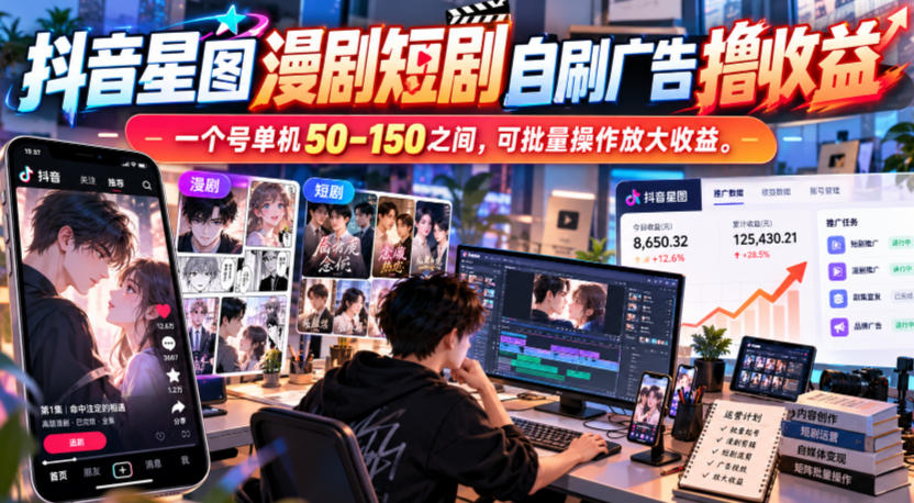 抖音星图漫剧短剧自刷广告撸收益，一个号单机50-150之间，可批量操作放大收益-资源社