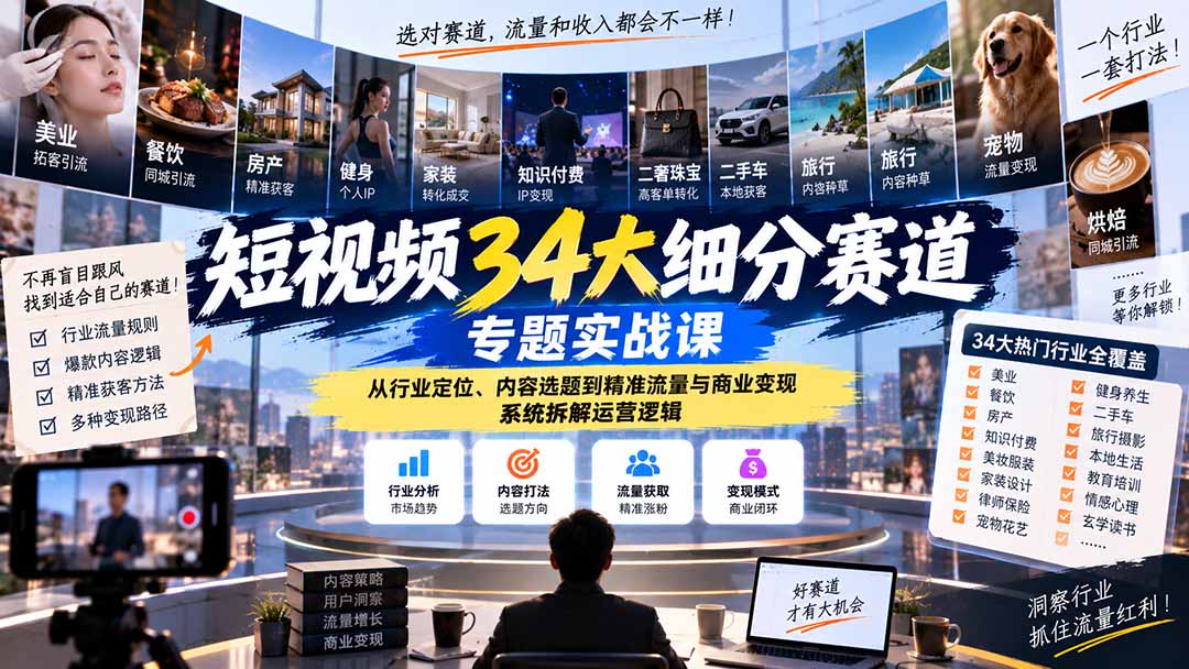 短视频34大细分赛道专题实战课：从行业定位、内容选题到精准流量与商业变现，系统拆解运营逻辑-资源社