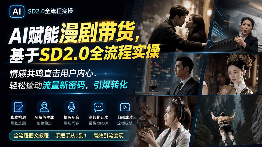 AI赋能漫剧带货,基于SD2.0全流程实操;情感共鸣直击用户内心,轻松撬动流量新密码,引爆转化-资源社