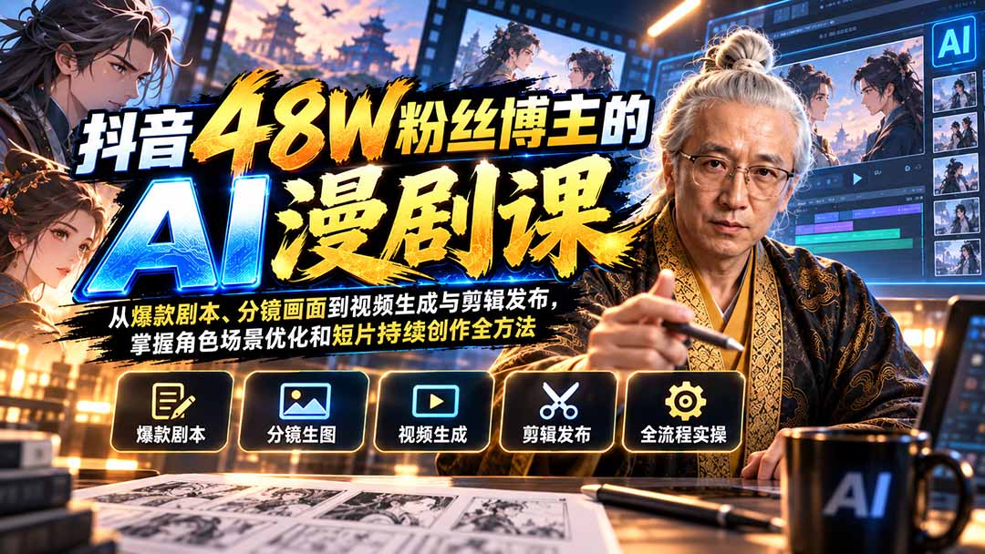 抖音48W粉丝博主的AI漫剧课：从爆款剧本、分镜画面到视频生成与剪辑发布，掌握角色场景优化和短片持续创作全方法-资源社