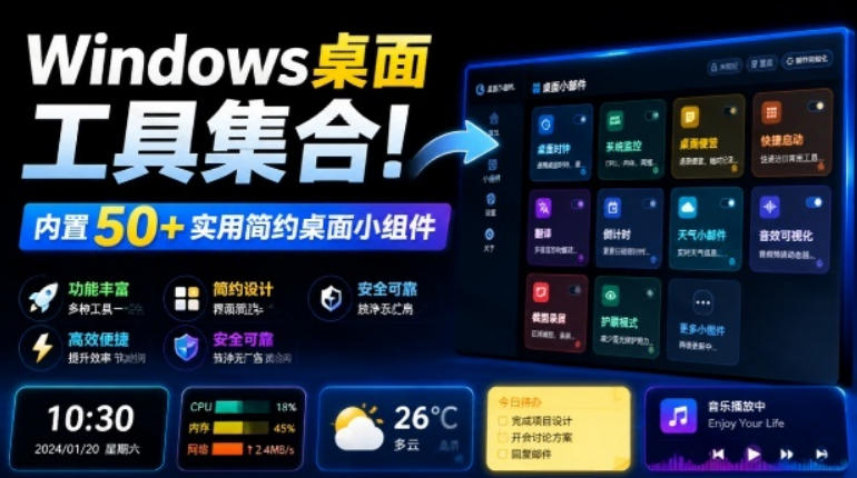 Windows桌面工具集合！内置50+实用简约桌面小组件，含截图、录屏、翻译、天气等，多秘工具箱-资源社