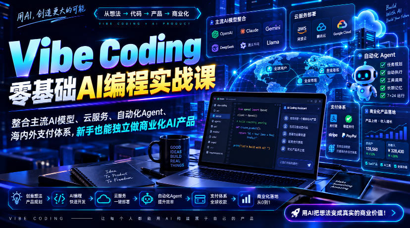 Vibe Coding零基础AI编程实战课-无水印,整合主流AI模型、云服务、自动化Agent、海内外支付体系,新手也能独立做商业化AI产品-资源社