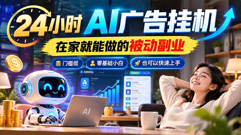 24小时AI广告挂机|在家就能做的被动副业,门槛低,零基础小白也可以快速上手-资源社