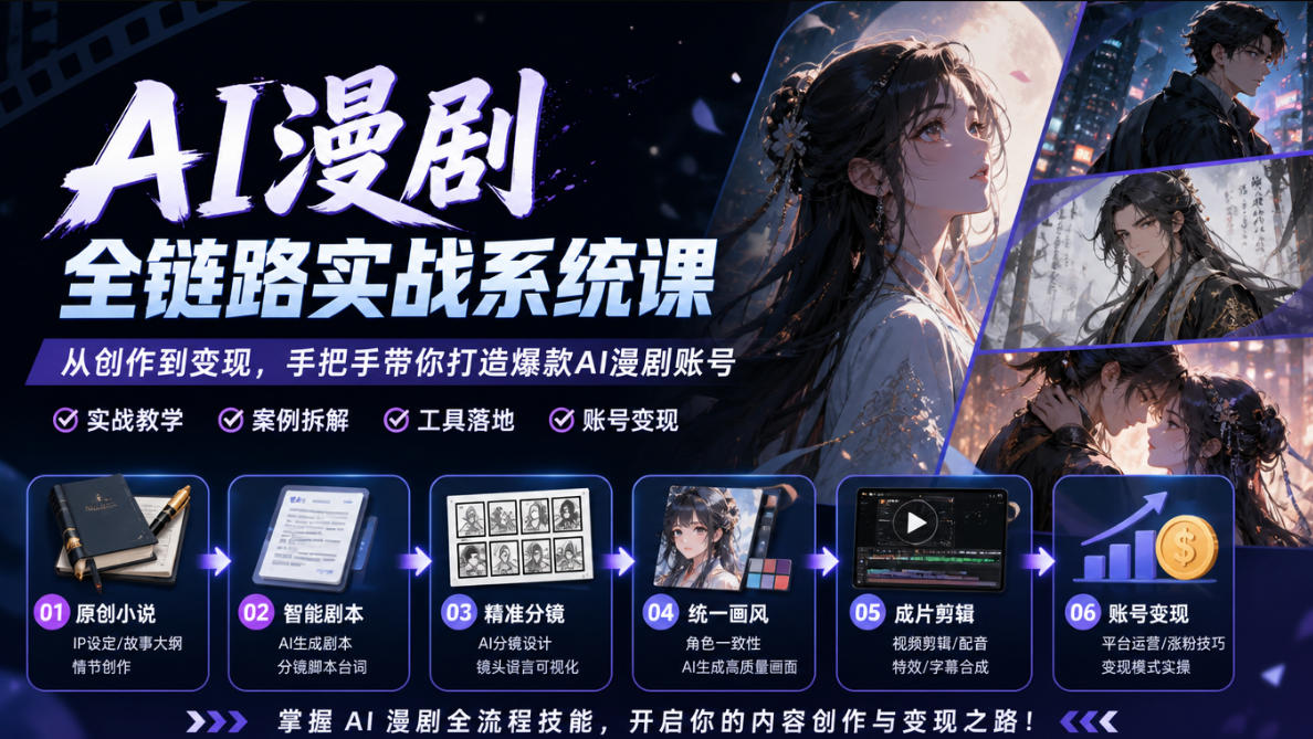 AI漫剧全链路实战系统课|原创小说、智能剧本、精准分镜、统一画风、成片剪辑、账号变现实操教学-资源社