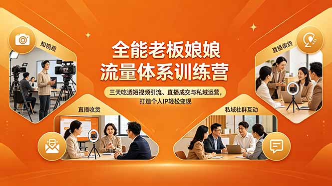 全能老板娘流量体系训练营，三天吃透短视频引流、直播成交与私域运营，打造个人IP轻松变现-资源社