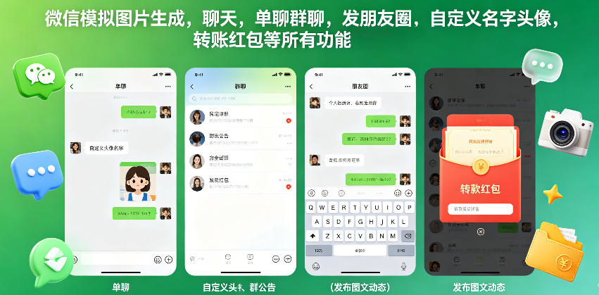 微信模拟图片生成，聊天，单聊群聊，发朋友圈，自定义名字头像，转账红包等所有功能都可以生成-资源社