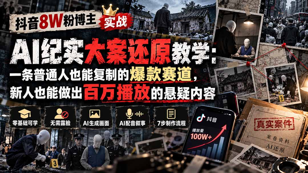 抖音8W粉博主AI纪实大案还原教学：一条普通人也能复制的爆款赛道，新人也能做出百万播放的悬疑内容-资源社