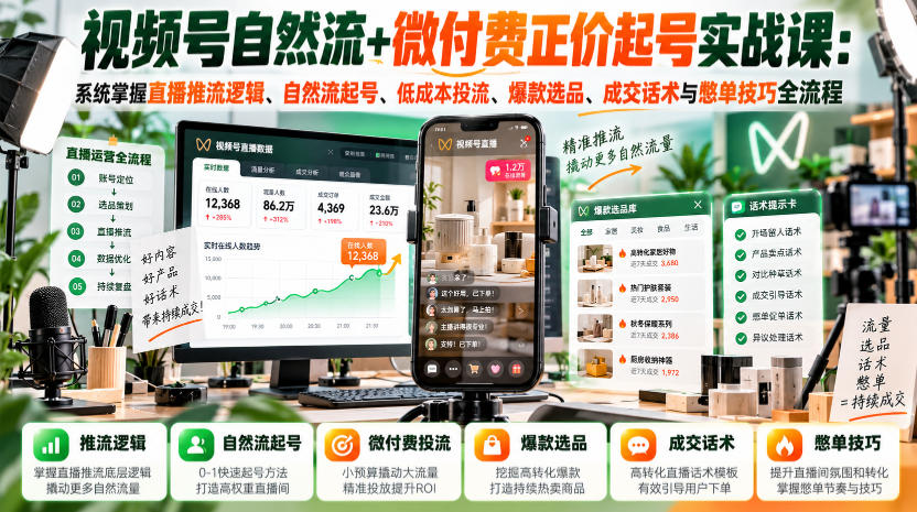 视频号自然流+微付费正价起号实战课:系统掌握直播推流逻辑、自然流起号、低成本投流、爆款选品、成交话术与憋单技巧全流程-资源社