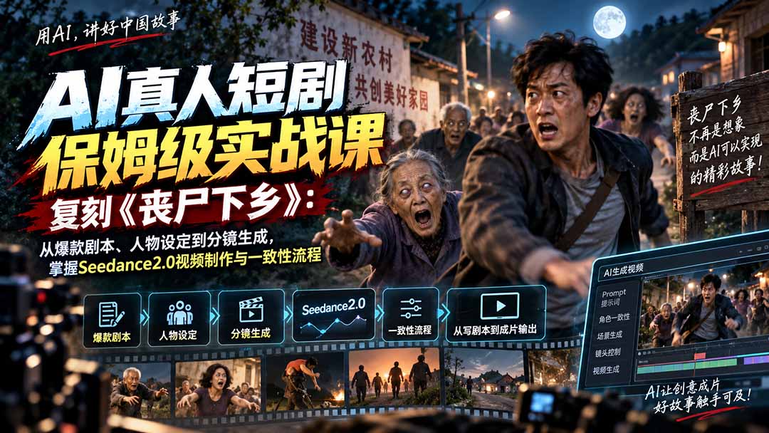 AI真人短剧保姆级实战课,复刻《丧尸下乡》:从爆款剧本、人物设定到分镜生成,掌握Seedance2.0视频制作与一致性流程-资源社