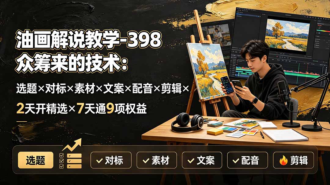 油画解说教学-398众筹来的技术:选题×对标×素材×文案×配音×剪辑×2天开精选×7天通9项权益-资源社