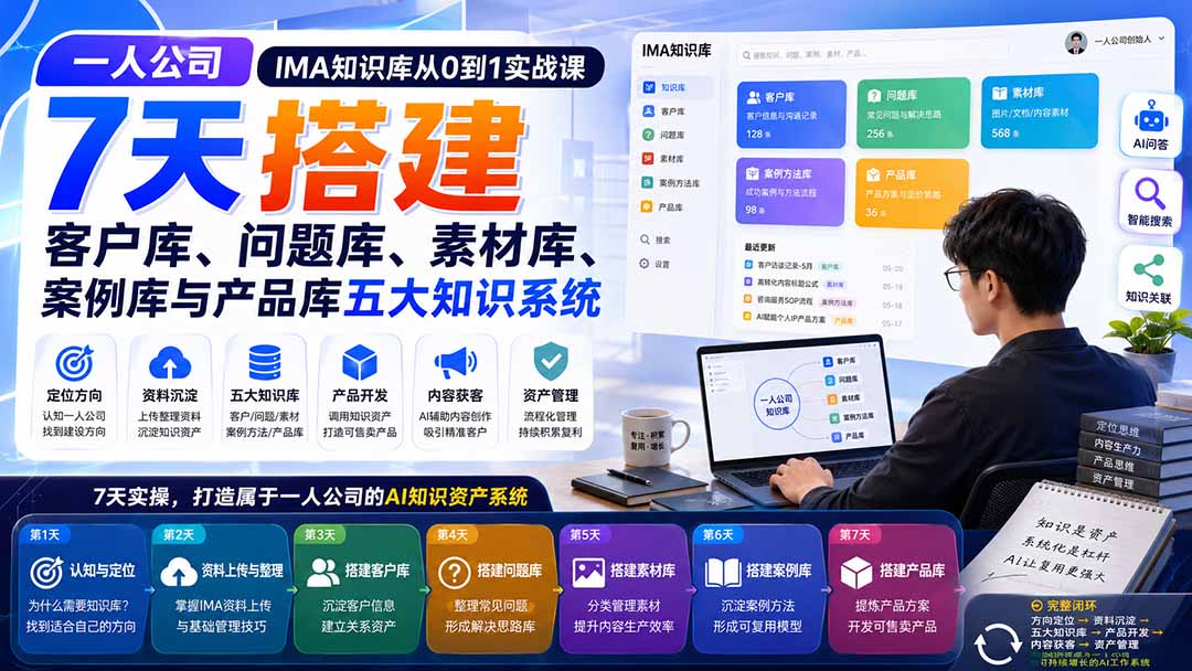 一人公司IMA知识库从0到1实战课：7天搭建客户库、问题库、素材库、案例库与产品库五大知识系统-资源社