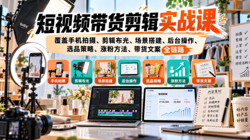 短视频带货剪辑实战课,覆盖手机拍摄、剪辑布光、场景搭建、后台操作、选品策略、涨粉方法、带货文案全链路-资源社