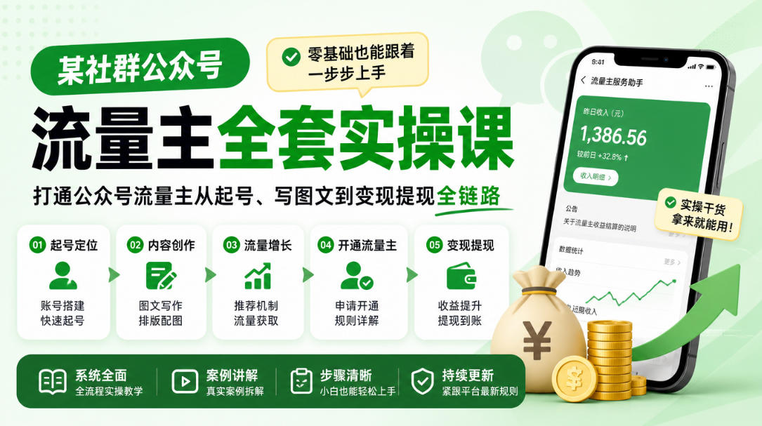 某社群公众号流量主全套实操课,零基础也能跟着一步步上手,打通公众号流量主从起号、写图文到变现提现全链路-资源社