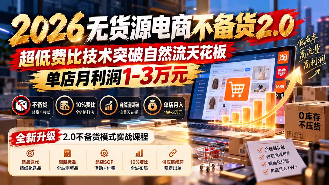2026无货源电商不备货2.0【更新1019】:超低费比技术突破自然流天花板,单店月利润1-3万元-资源社