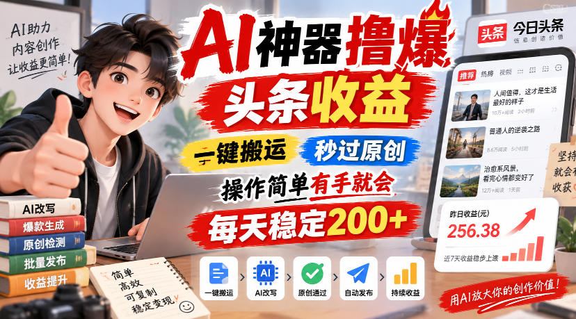 AI神器撸爆头条收益，一键搬运，秒过原创，操作简单有手就会，每天稳定200+【揭秘】-资源社