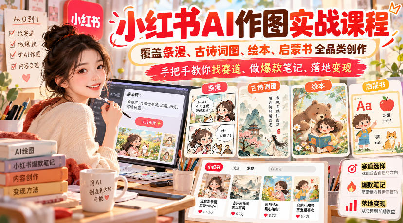 小红书AI作图实战课程，覆盖条漫、古诗词图、绘本、启蒙书全品类创作，手把手教你找赛道、做爆款笔记、落地变现(更新1017)-资源社