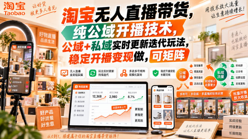淘宝无人直播带货,纯公域开播技术,公域+私域实时更新迭代玩法,稳定开播变现做,可矩阵【揭秘】-资源社