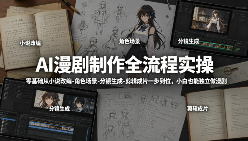 AI漫剧制作全流程实操，零基础从小说改编-角色场景-分镜生成-剪辑成片一步到位，小白也能独立做漫剧-资源社