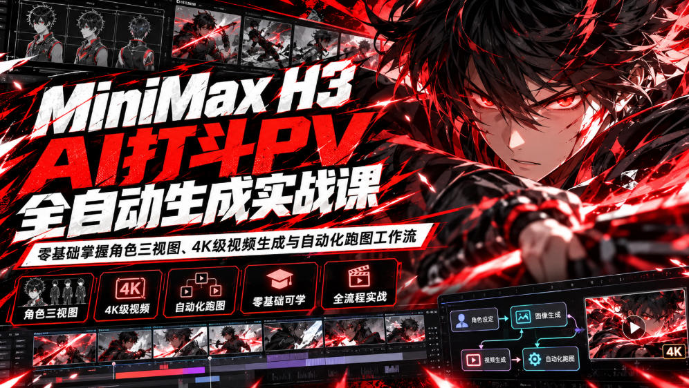 MiniMax H3 AI打斗PV全自动生成实战课：零基础掌握角色三视图、4K级视频生成与自动化跑图工作流-资源社