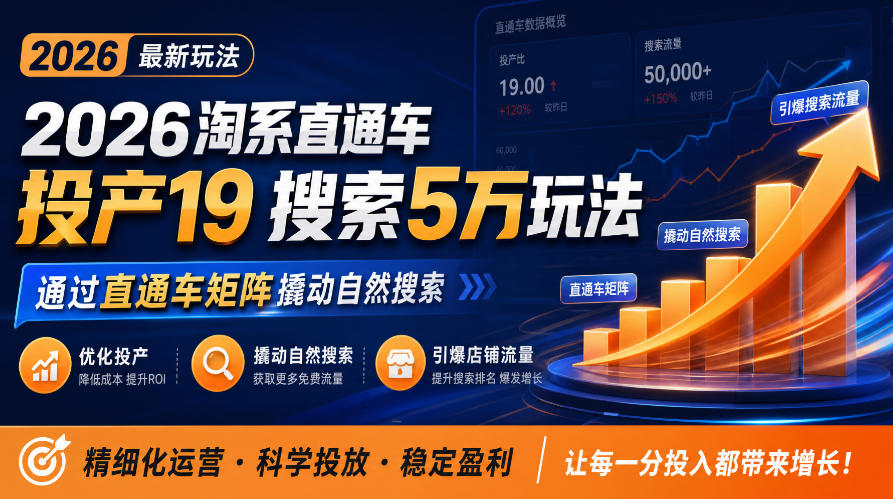 2026淘系直通车投产19搜索5万玩法，通过直通车矩阵撬动自然搜索，帮助商家优化投产，引爆店铺搜索流量-资源社