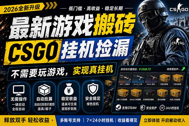 最新游戏搬砖，CSGO纯挂机，不需要玩游戏，实现真挂机，月入1W+，五一小高峰上车可吃肉，...-资源社