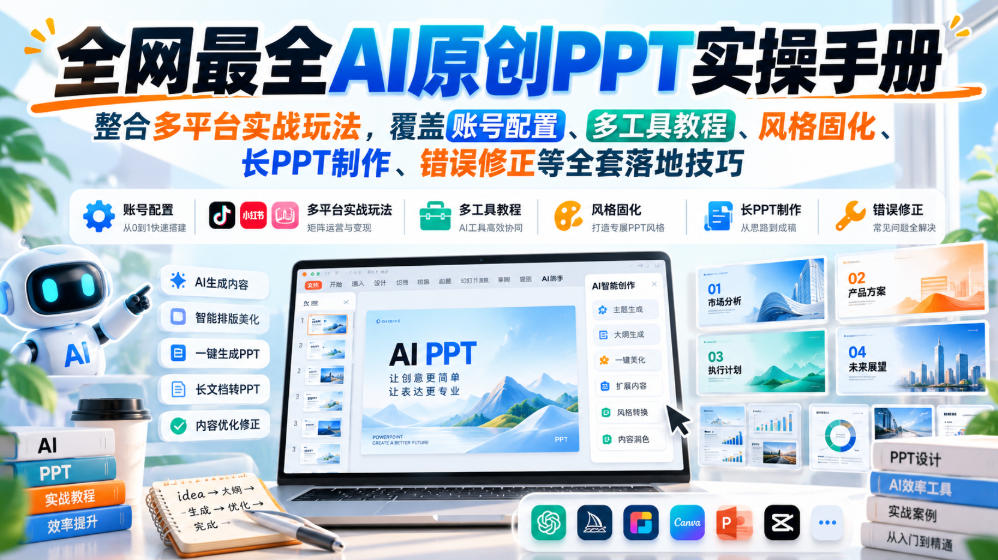 全网最全AI原创PPT实操手册，整合多平台实战玩法，覆盖账号配置、多工具教程、风格固化、长PPT制作、错误修正等全套落地技巧-资源社