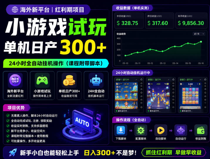 海外新平台，小游戏试玩，单机日产300+，24小时全自动挂G操作(课程附带脚本)【揭秘】-资源社